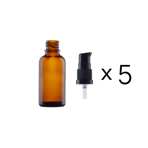 Glassflaske 30ml med pumpeinnsats. 5-pakning.