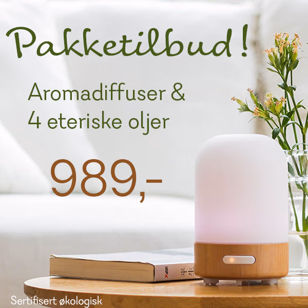 Pakketilbud. Aromadiffuser og 4 eteriske oljer. 989,-