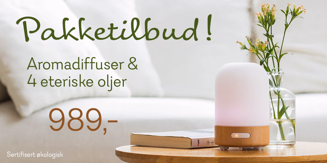 Pakketilbud. Aromadiffuser og 4 eteriske oljer. 989,-